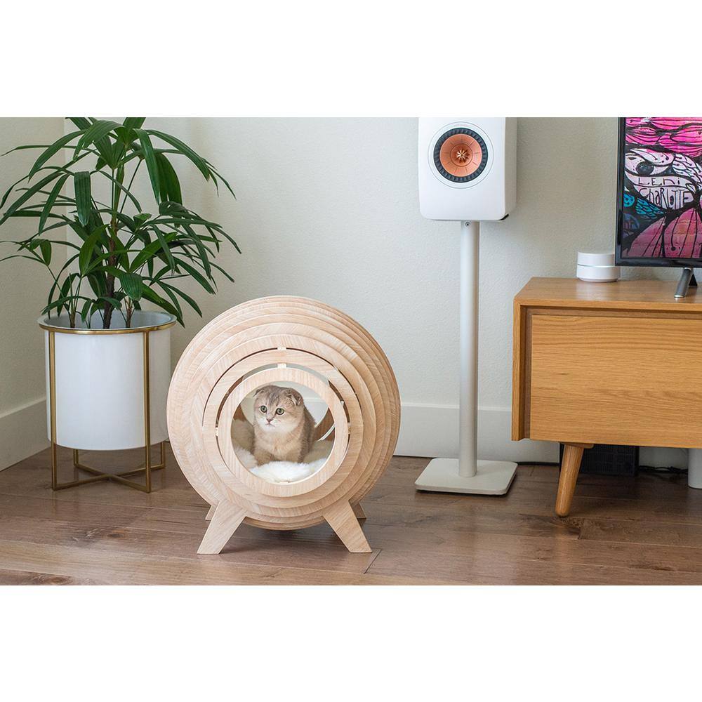 Medium Beige Wooden Sphere Cat Bed with Faux Fur Cushion
