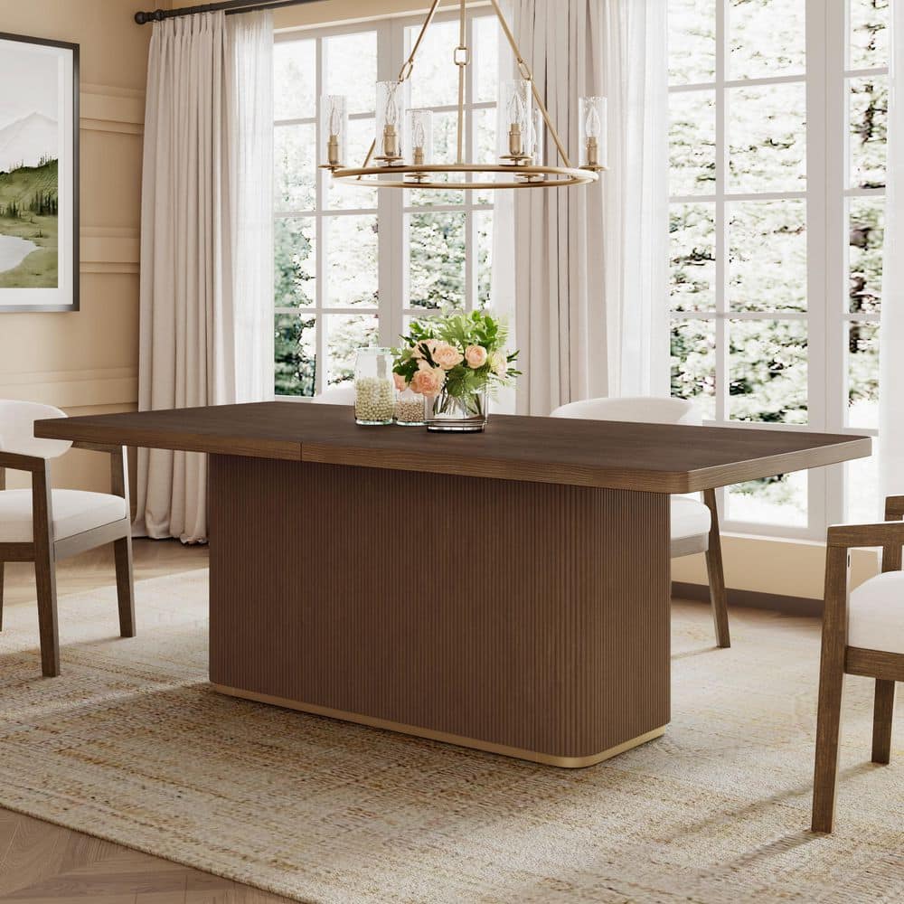 Modern Rectangular Walnut Wood 40 in. Ash Wood Veneer Pedestal Base Dining Table Seats-6