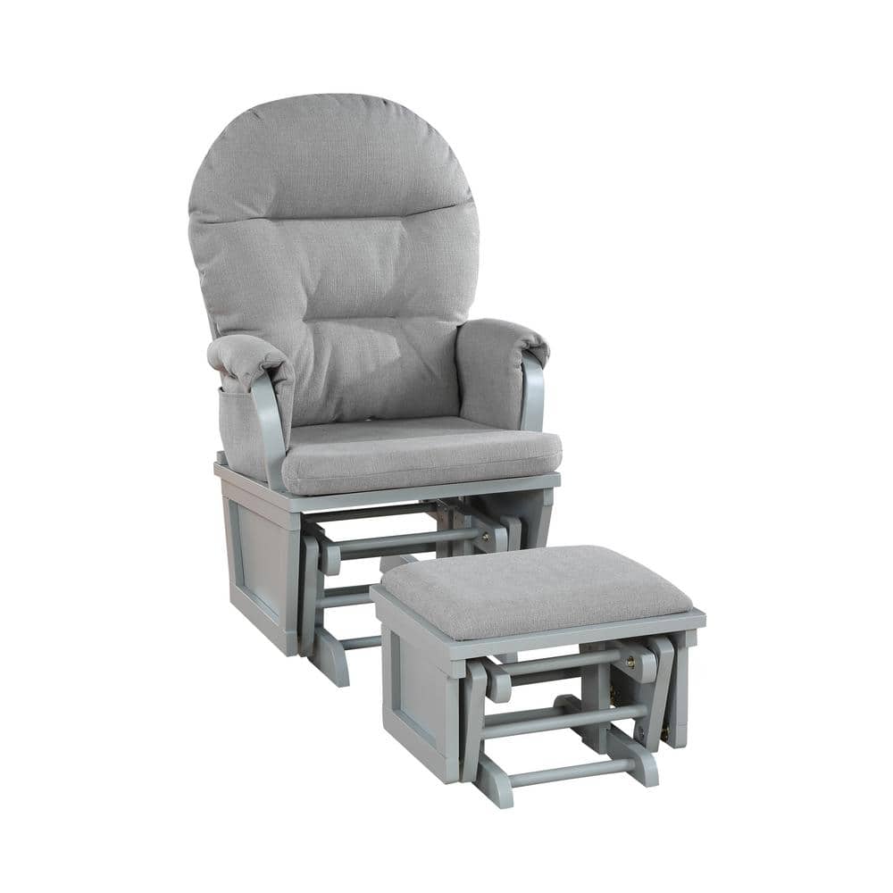 Modern Gray Polyester Wood Glider Rocker Chair and Ottoman Set Storage Pocket Padded Armrests and Detachable Cushion