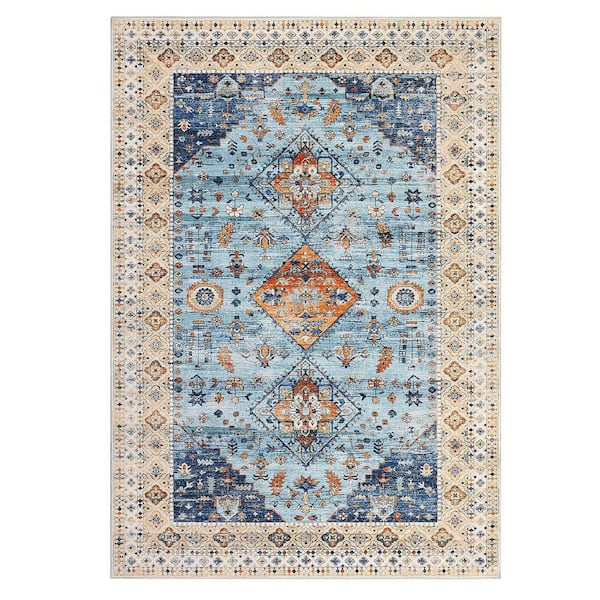 Vintage Blue, 5 ft. x 7 ft. Floral Rug Oriental Style Distressed Rug Washable Rug Low Pile Non-Slip Yellow Area Rug