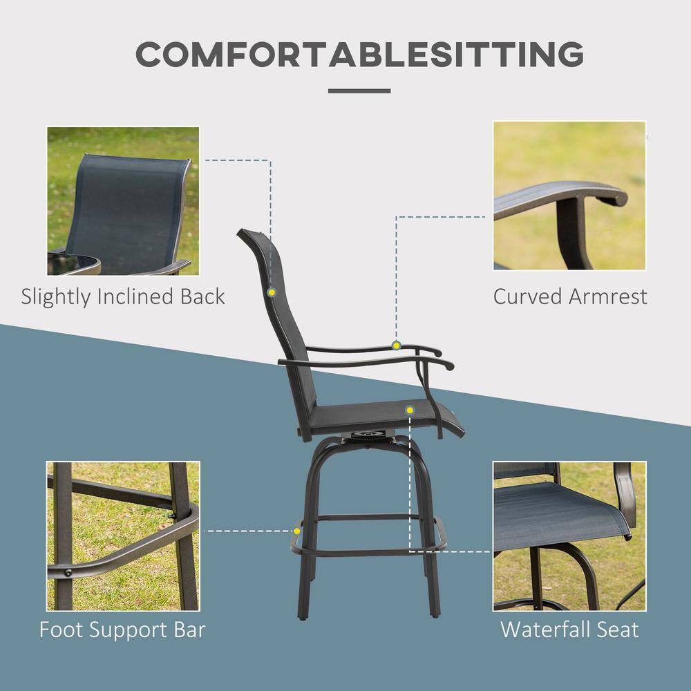 Café-Style Swivel Patio Bar Chair Set in Black Sling Fabric