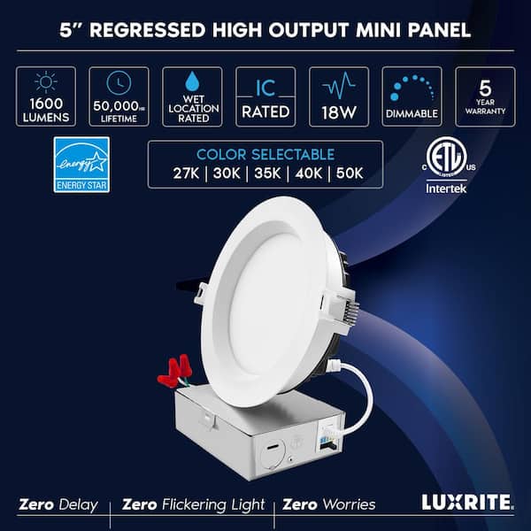 6-Pack 5 in. Canless w/J-Box 18W 5CCT Selectable 1600LM Remodel IC Rated Integrated LED Recessed Light Kit Wet Rated