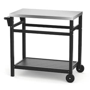 Black HDPE Outdoor Prep Cart Dining Table for Pizza Oven, Patio All-weather Grilling Backyard BBQ Grill Cart on Wheels