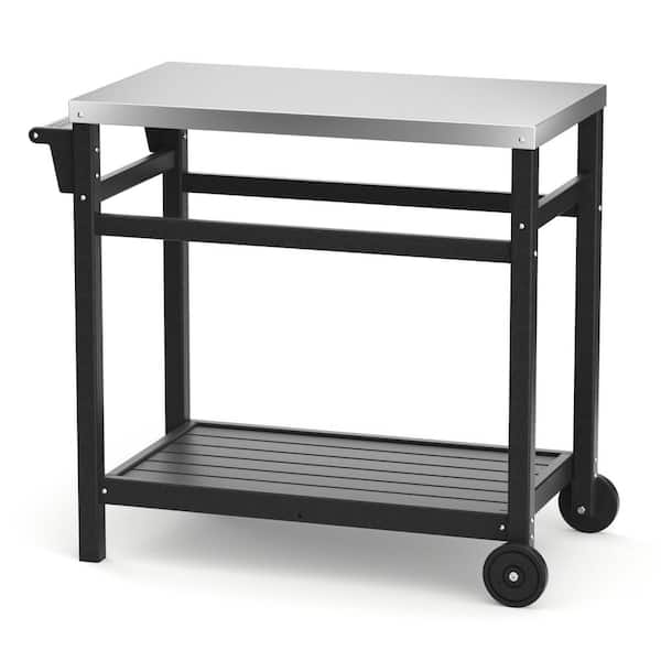 Unbranded Black HDPE Outdoor Prep Cart Dining Table for Pizza Oven, Patio All-weather Grilling Backyard BBQ Grill Cart on Wheels