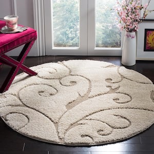 Florida Shag Cream/Beige 4 ft. x 4 ft. Round Floral High-Low Area Rug