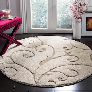 Florida Shag Cream/Beige 5 ft. x 5 ft. Round Floral High-Low Area Rug