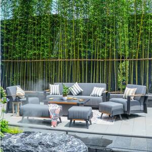 Black 7-Piece Aluminum Patio Conversation Set with Gray Cushions