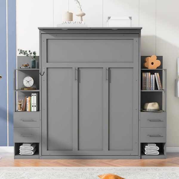 Gray Wood Frame Queen Murphy Bed with Shelves, Drawers and LED Lights