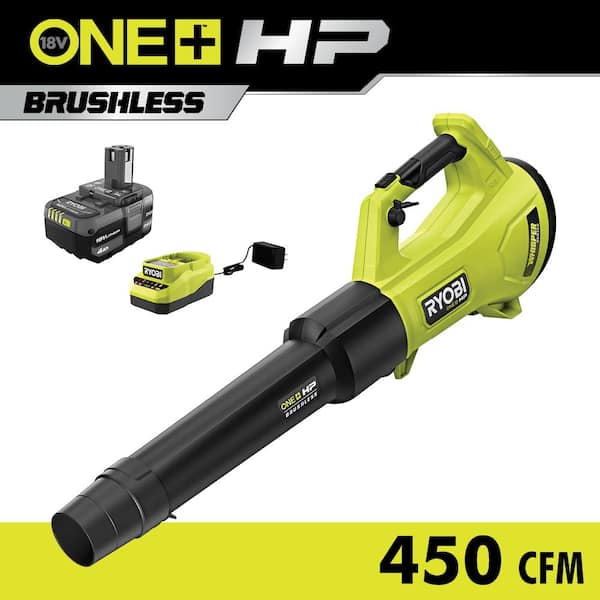 RYOBI ONE+ HP 18V Brushless Whisper Series 130 MPH 450 CFM Cordless Battery Leaf Blower with 4.0 Ah Battery and Charger