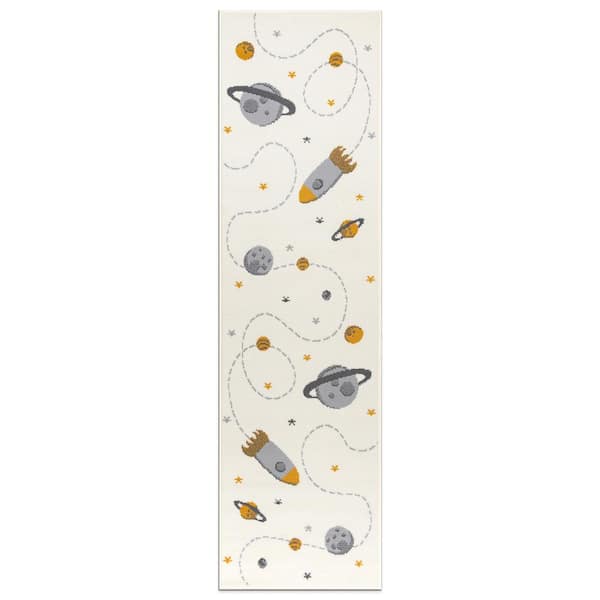 World Rug Gallery Cosmic Adventures Planet Kids Play Cream 2 ft. x 7 ft. Area Rug