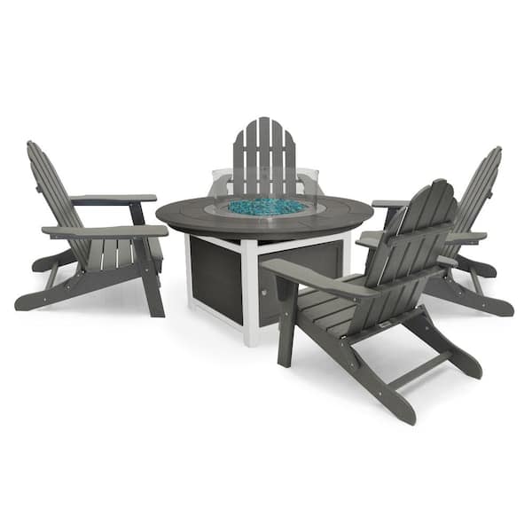 LuXeo Vail 48 in. Gray 2-Tone 5-Piece Round Plastic Top Fire Pit Table, Patio Conversation Set with Gray Folding Chairs