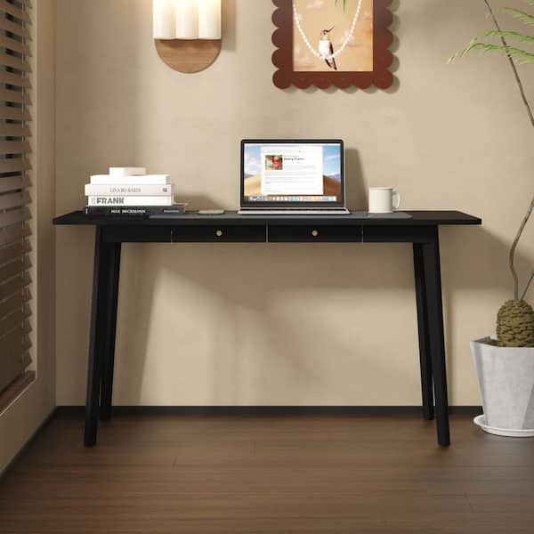 FUFU&GAGA 55 in. W Rectangle Black Wooden 2-Drawer Computer Desk, Writing Desk, Gaming Table, Vanity Table, Home Office