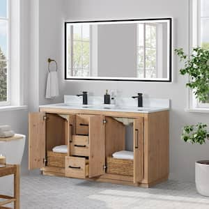 Anais 60 in. W x 22 in. D x 33 in. H Double Sink Bath Vanity in Brown with White Engineered Stone Top and Mirror