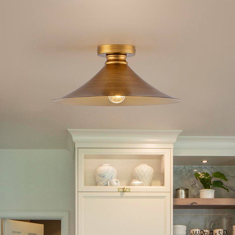 16.14 in. 1-Light Brushed Gold Semi Flush Mount Light with Cone Metal Shade price history on PriceWatchPro