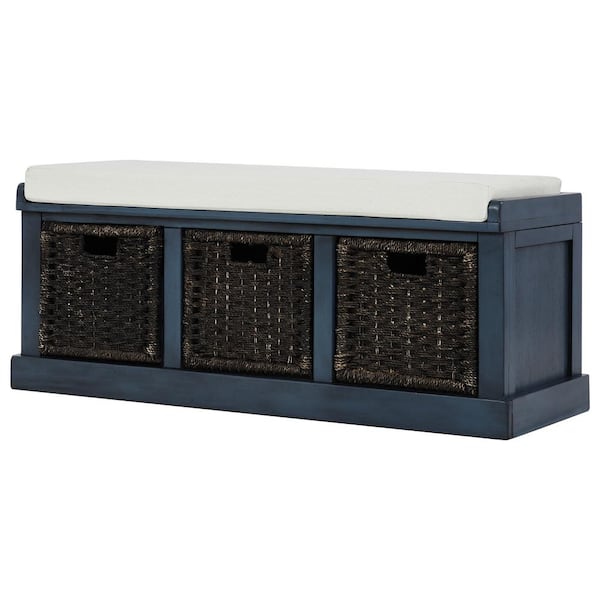 aisword 43.7 in. Rustic Entryway Storage Bench with 3-Removable Classic Rattan Basket, Removable Cushion - Antique Navy
