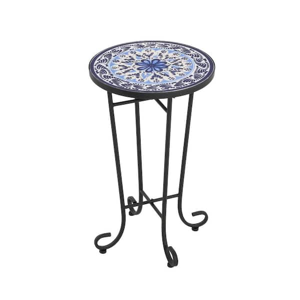 14 in. W x 18 in. H Round Metal Outdoor Side Table, Transitional Plant Table with Tile Mosaic Top in White