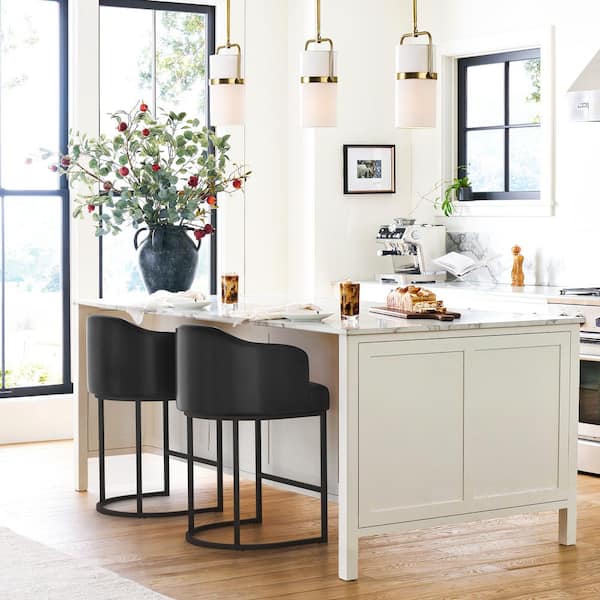 Crystal Modern Black 26in. Counter Height Faux Leather Upholstered Bar Stool Kitchen Island Stool With Black Metal Frame