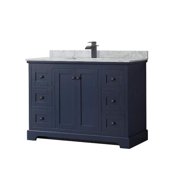 Wyndham Collection Avery 48 in. W x 22 in. D x 35 in. H Single Bath Vanity in Dark Blue with White Carrara Marble Top