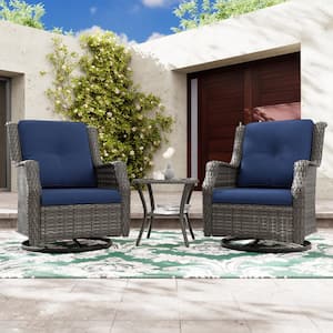 3-Piece Wicker Patio Swivel Rocking Chair Outdoor Bistro Set with Blue Cushions