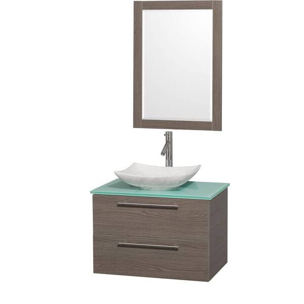 Wyndham Collection Amare 30 in. Vanity in Gray Oak with Glass Vanity Top in Green, Marble Sink and 24 in. Mirror