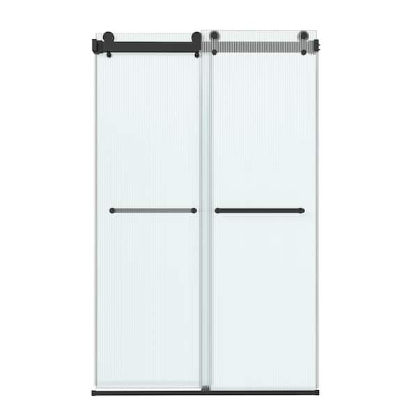 48 in. W x 76 in. H Framless Double Sliding Shower Door in Matte Black with 3/8 in. (10 mm) Fluted Glass