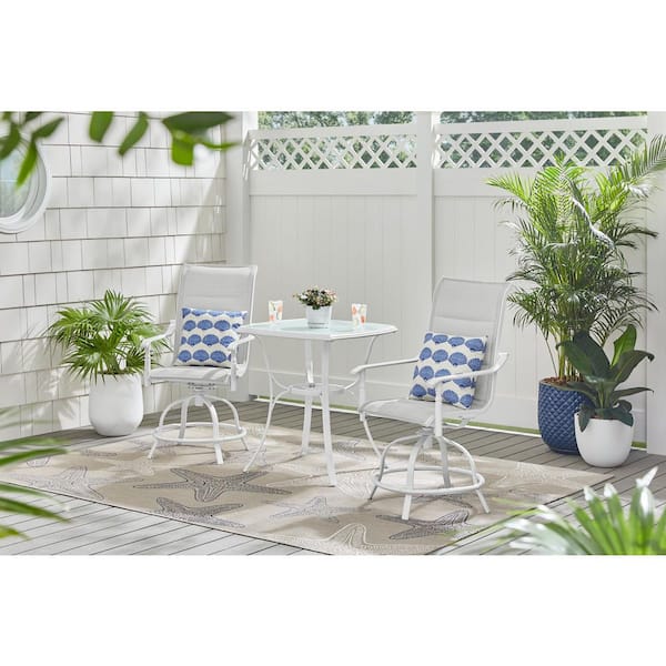 Hampton Bay Ashbury White 3-Piece Steel Padded Sling Square Glass Top Outdoor Bistro Set