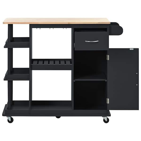 ANTFURN 40 in. W x 17.50 in. D Black Wood Kitchen Cart with Drawers; Locking Casters; Shelf; Spice Rack; Wheels