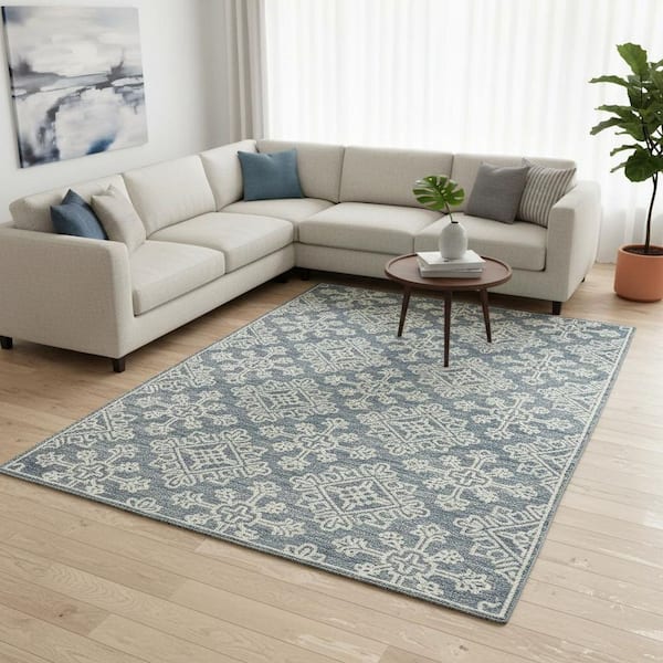8 ft. x 11 ft. Sky Blue And Ivory Wool Geometric Hand Hooked Area Rug