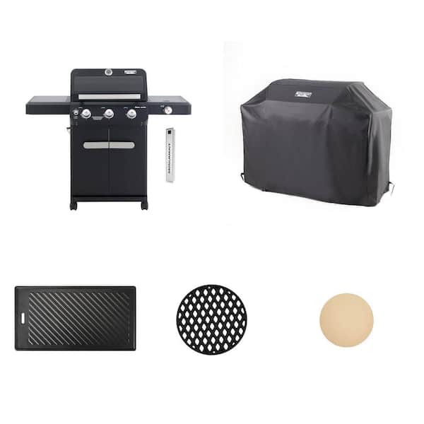 Mesa 3-Burner Black Gas Grill with Cover, Cast Iron Cooking Plate, Grid, and Pizza Stone Combo