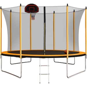 10 ft. Outdoor Orange Trampoline with Basketball Hoop Inflator and Ladder