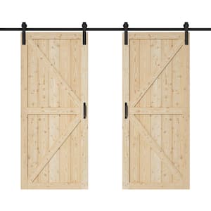 72 in. x 84 in. 2-Panel Pine Solid Wood Unfinished Double Sliding Barn Door Slab with Hardware Kit