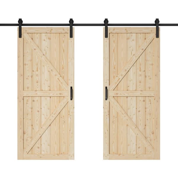 ARK DESIGN 72 in. x 84 in. 2-Panel Pine Solid Wood Unfinished Double Sliding Barn Door Slab with Hardware Kit