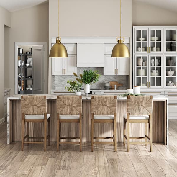 Beacon 24 in. Bohemian Boucle Upholstered Wood Counter Height Bar Stool w/ Woven Back, Cream Boucle/Light Brown,Set of 4