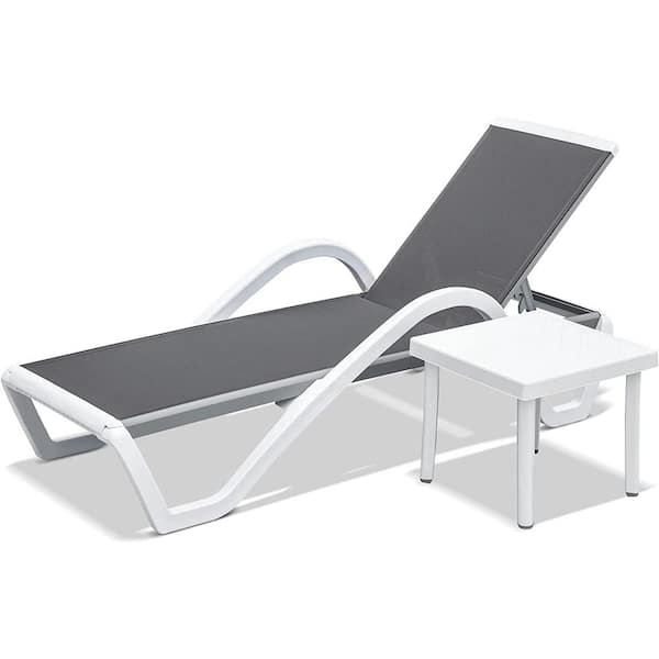 Otryad 2 Pieces Gray Metal Outdoor Chaise Lounge, Adjustable Aluminum Pool Lounge Chairs with Table All Weather Pool Chairs