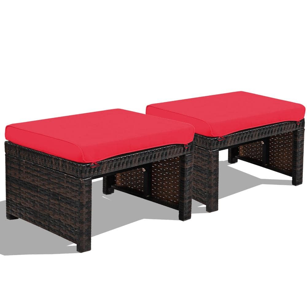 Set of 2 PE Rattan Outdoor Ottomans with Soft Cushions, Red price history on PriceWatchPro