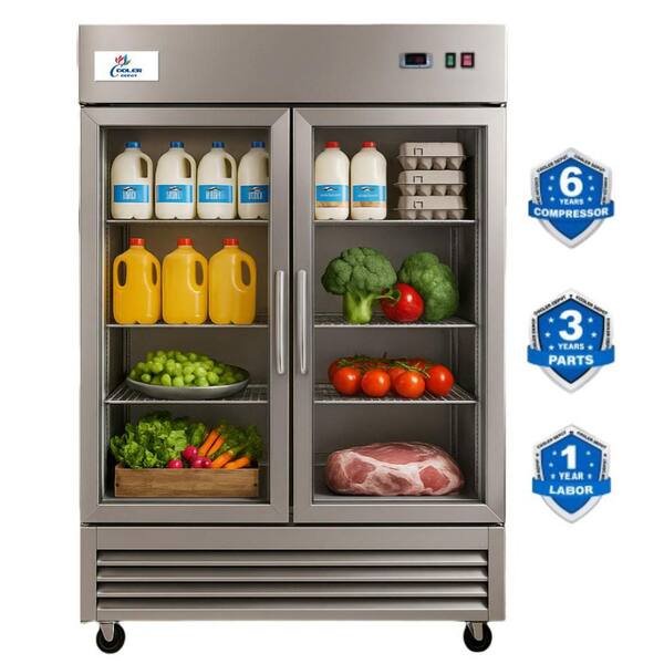 55 in. W 47 cu. ft. NSF Commercial Glass 2-Door Reach In Display Refrigerator in Stainless Steel