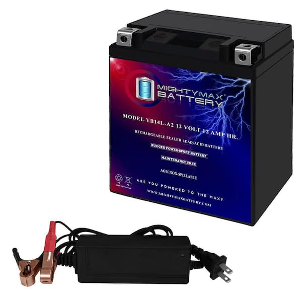 YB14L-A2 -12 Volt 12 AH, 210 CCA, Rechargeable Maintenance Free SLA AGM Motorcycle Battery + 12V 2AMP Charger