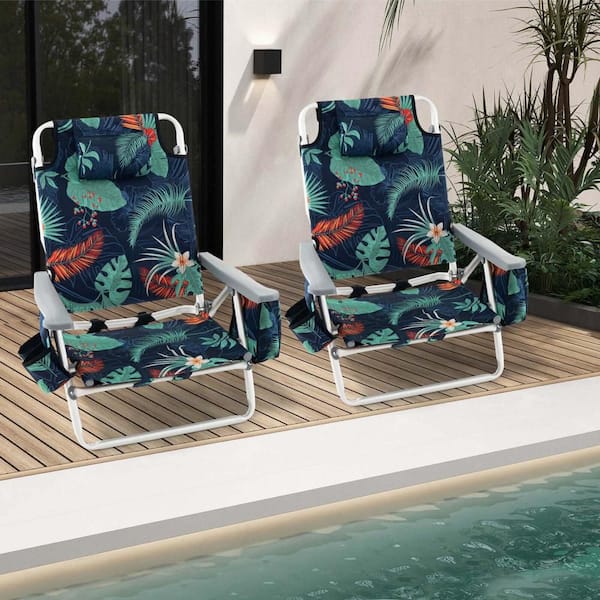 Green Aluminum Backpack Folding 5-Position Beach Chair with Pillow (2-Pack)