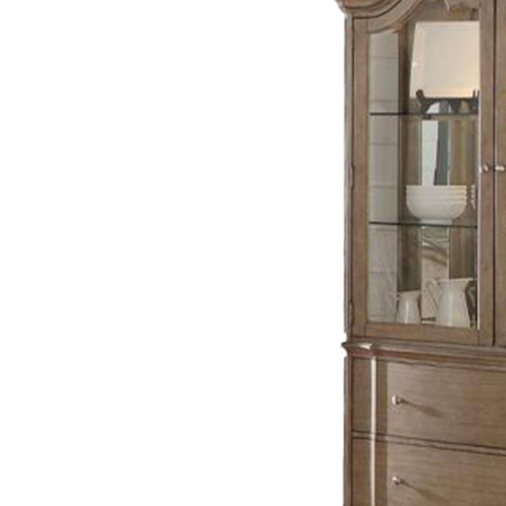 Antique Taupe Lighted China Cabinet with Glass Doors and Shelves