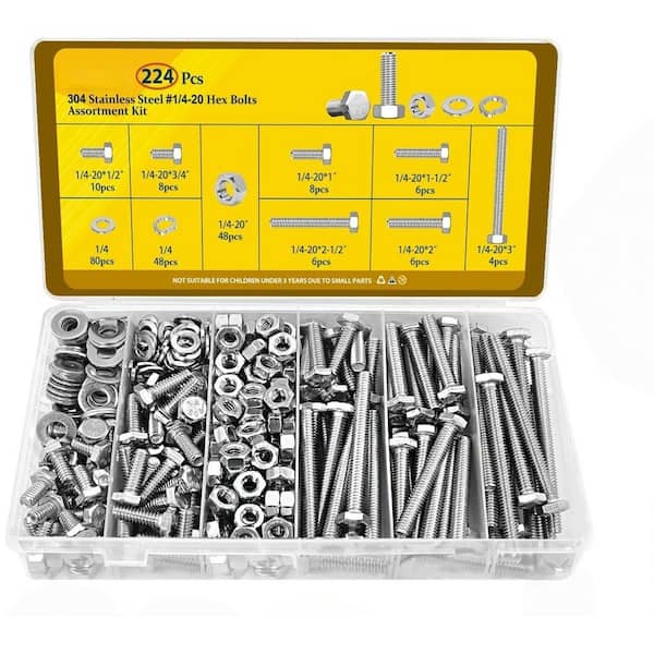 224-Pieces Countertop Hex Bolts and Nuts Assortment Kit, SAE Stainless Steel Bolts Nuts and Washers Assorted Set