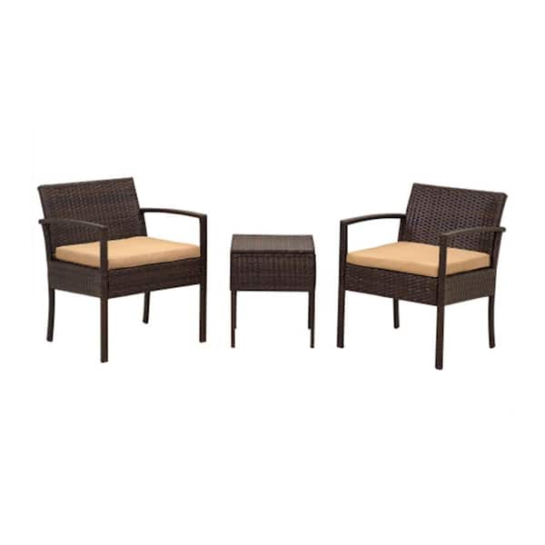 Misopily 3-Piece Brown Rattan PE Wicker Outdoor Conversation Set with Side Table and Brown Cushions for Patio, Balcony, Backyard
