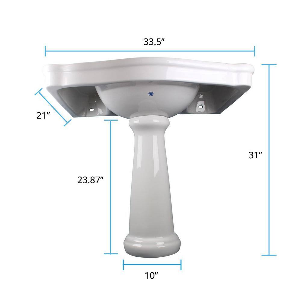 Large White Ceramic Pedestal Bathroom Sink with Overflow