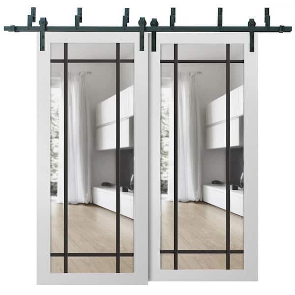 48 in. x 84 in. 2 Panel Clear Glass White Solid Wood Sliding Barn Door with Hardware Kit