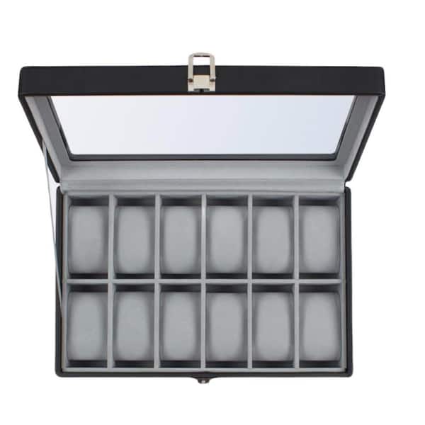 Unbranded 12-Slot Watch Box with Large Glass Lid & Removable Pillows, Synthetic Leather, Black, 12.2 in. x 8 in. x 3.62 in.