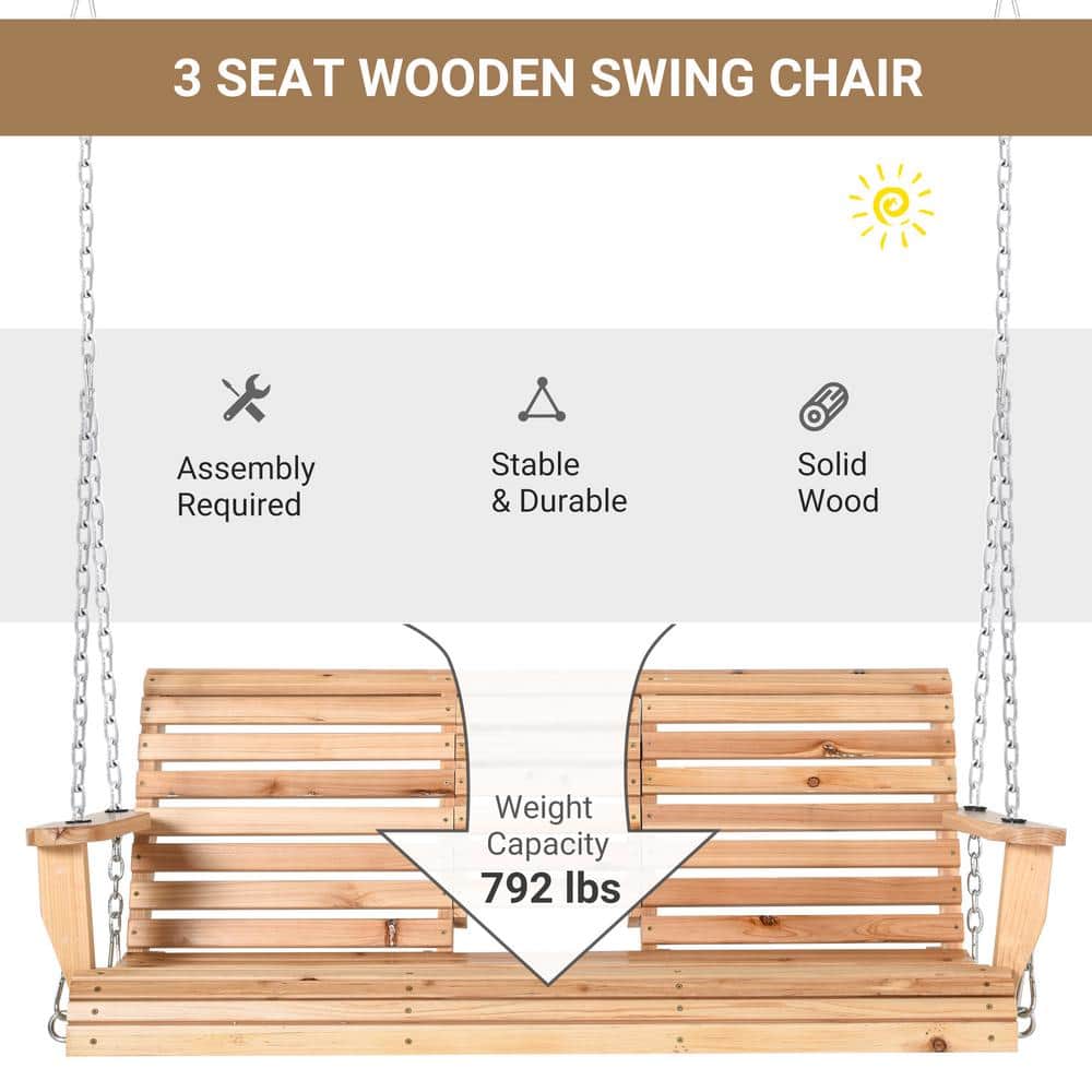Natural Fir Wood 3-Seater Porch Swing with Folding Table