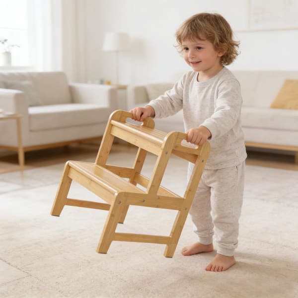 17.13 in. Beige Kids Step Stool, Kitchen Toddler Helper, 2-Step Bamboo with Safety Handles