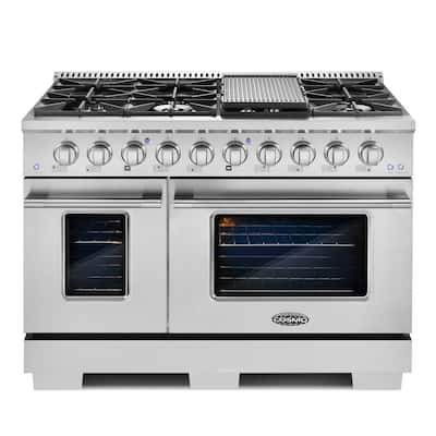 Commercial-Style 48 in. 5.5 cu. ft. Double Oven Gas Range with 8 Italian Burners in Stainless Steel