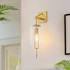 5.8 in. 1-Light Modern Industrial Brushed Gold Wall Sconce with Clear Cylinder Glass Shades for Hallway and Bedroom