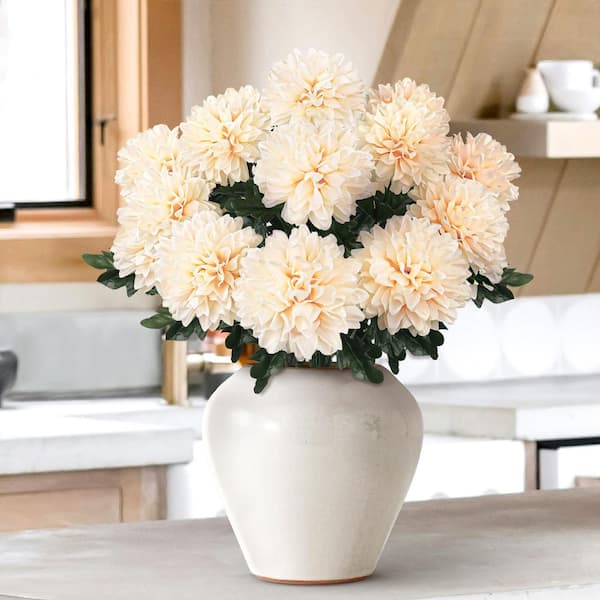 22 in. Champagne Ivory Artificial Ball Mum Pom Pom Flower Stem Bush Bouquet (Set of 2)