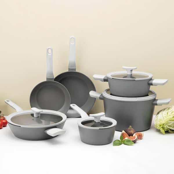 Leo 10-Piece Cast Aluminum Nonstick Ceramic Cookware Set with Glass Lids in Gray
